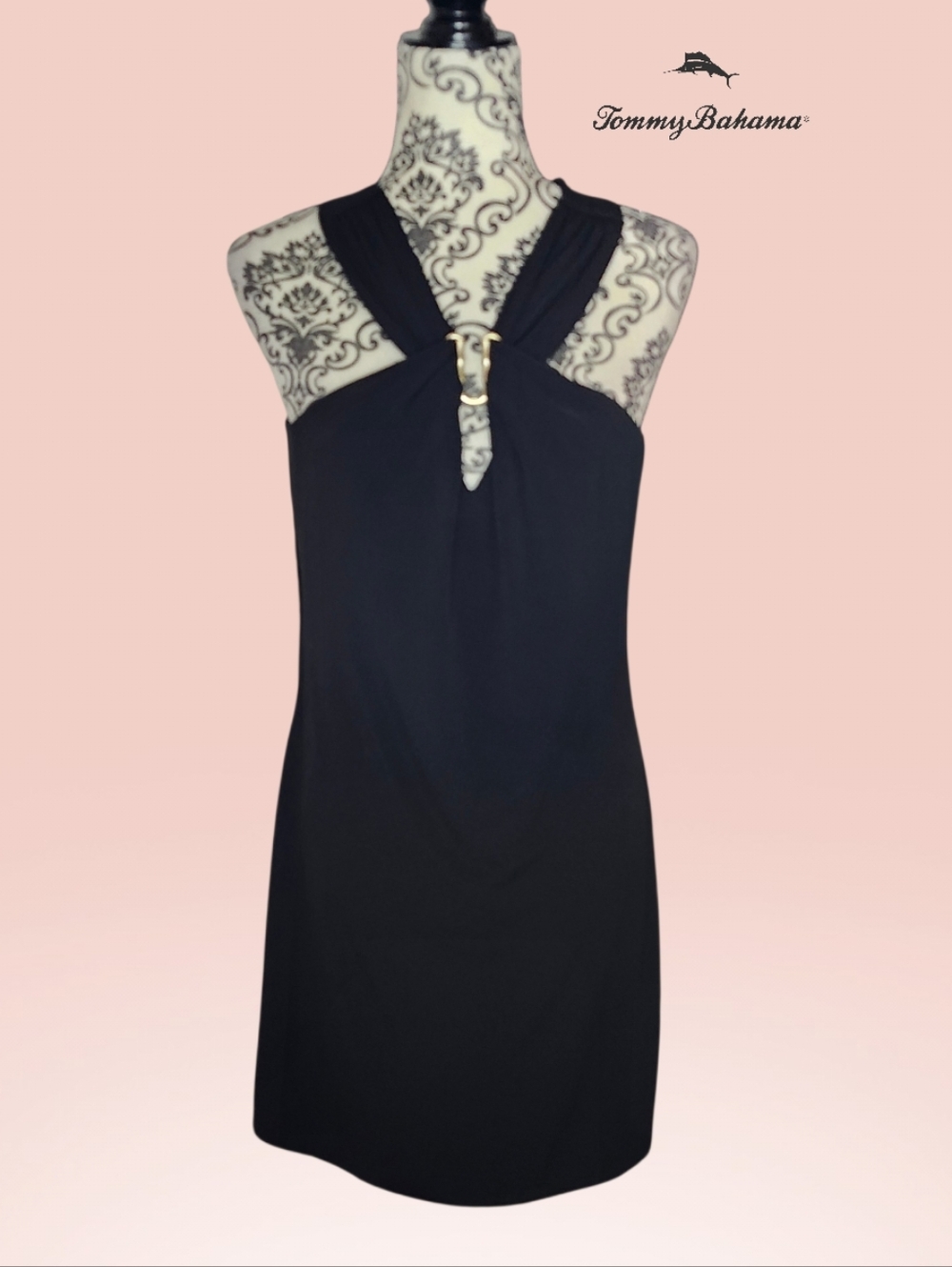 TOMMY BAHAMA Black Halter Dress with Gold Accent - Small